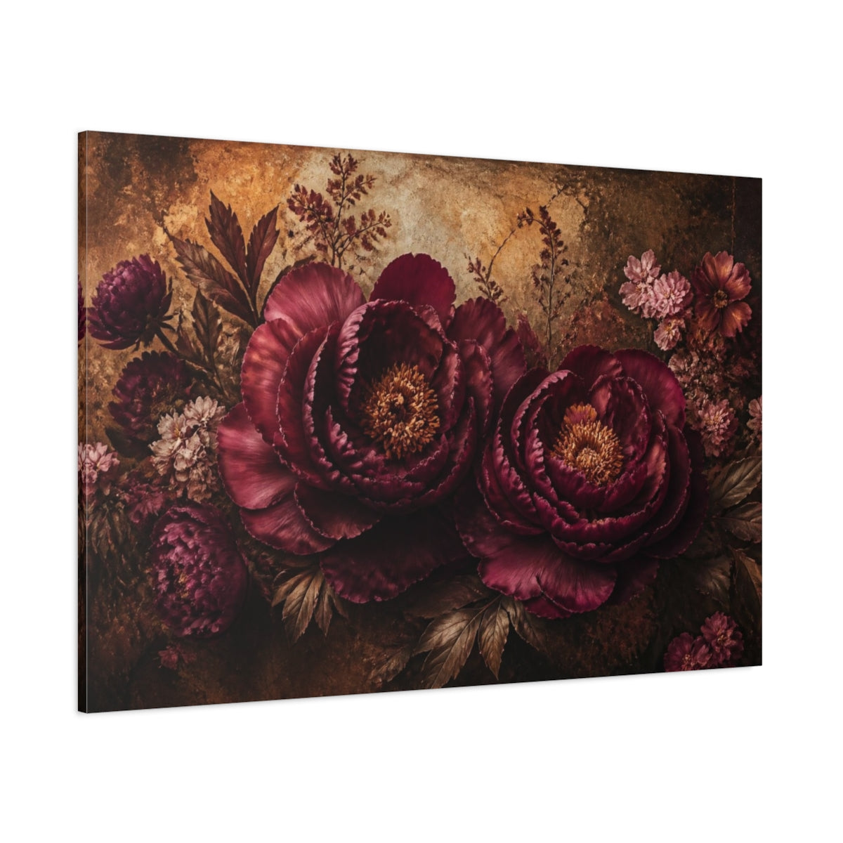 Side Mockup 1. Burgundy Floral Peonies shown as canvas print