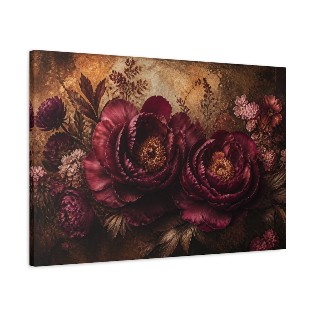 Side Mockup 2. Burgundy Floral Peonies shown as canvas print
