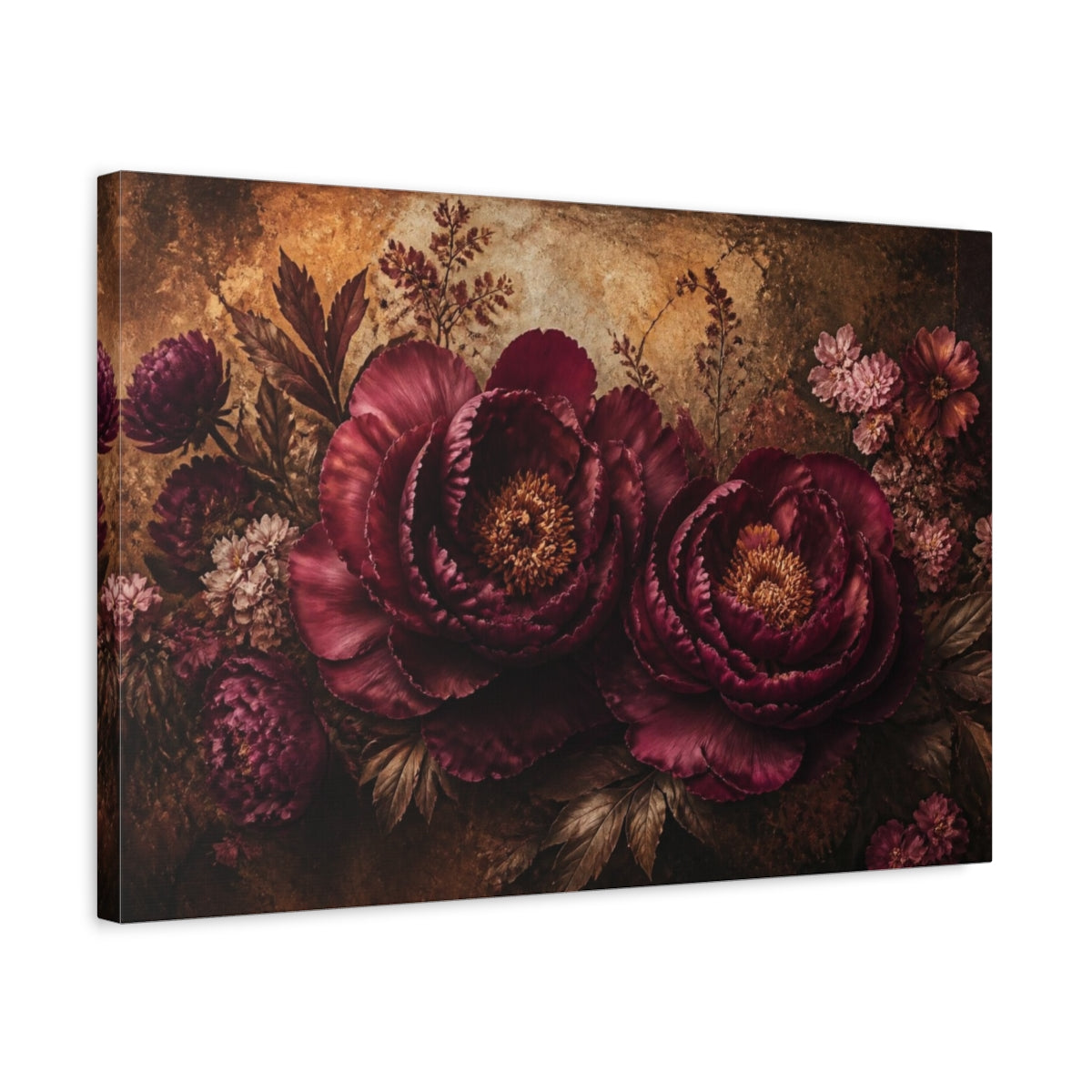 Side Mockup 3. Burgundy Floral Peonies shown as canvas print