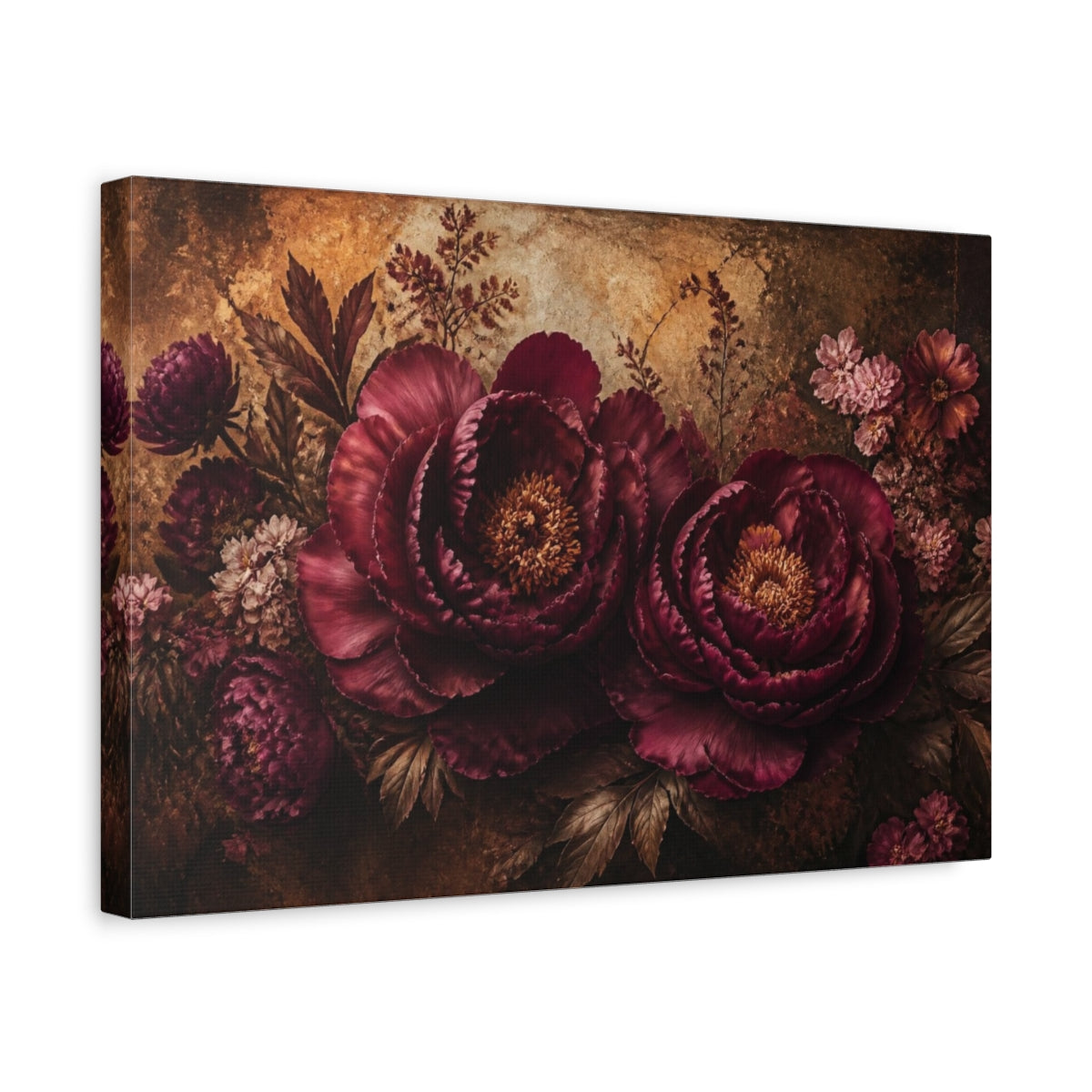Side Mockup 4. Burgundy Floral Peonies shown as canvas print