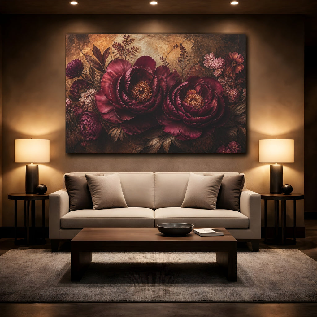 Mockup 2. Burgundy Floral Peonies shown as canvas print