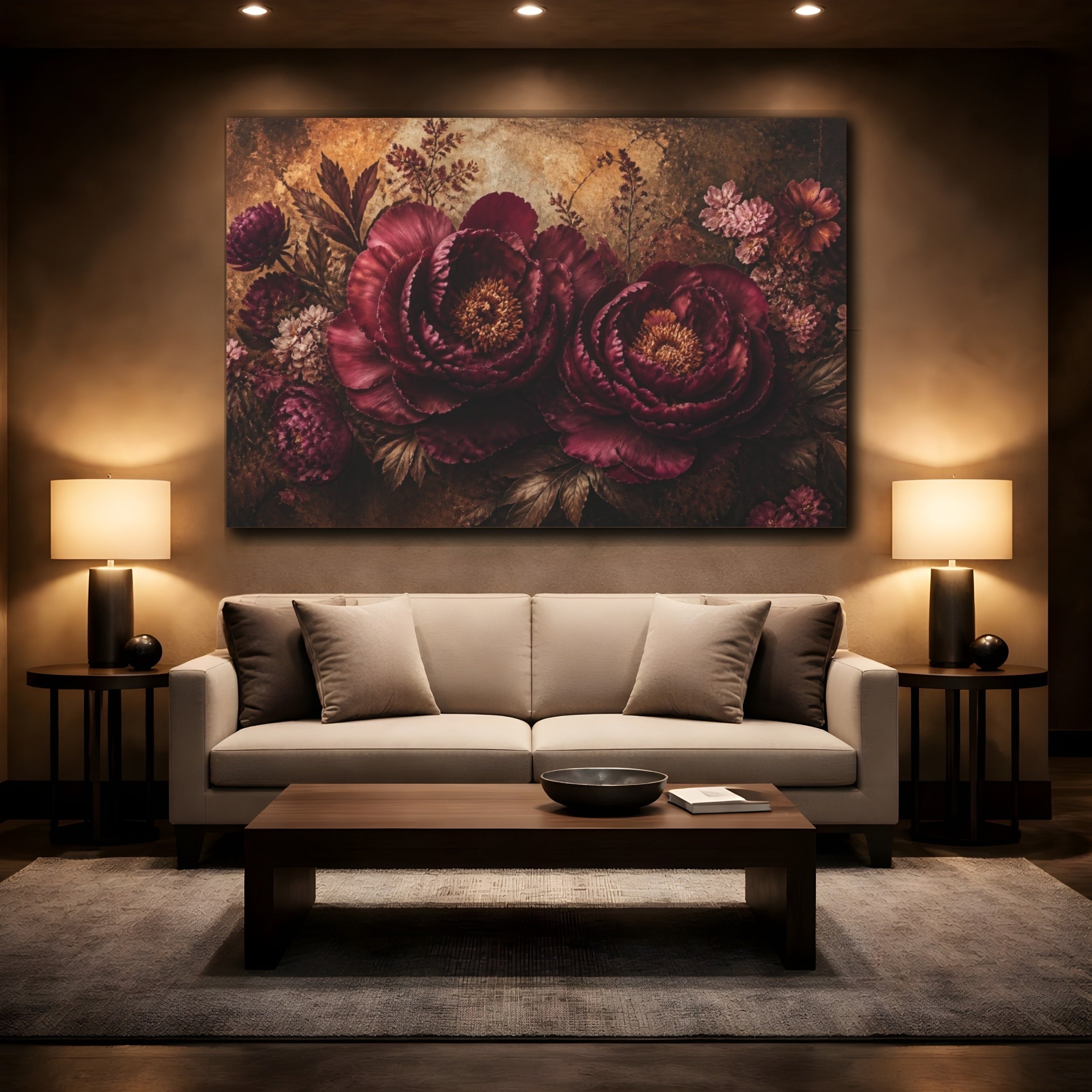 Mockup 2. Burgundy Floral Peonies shown as canvas print