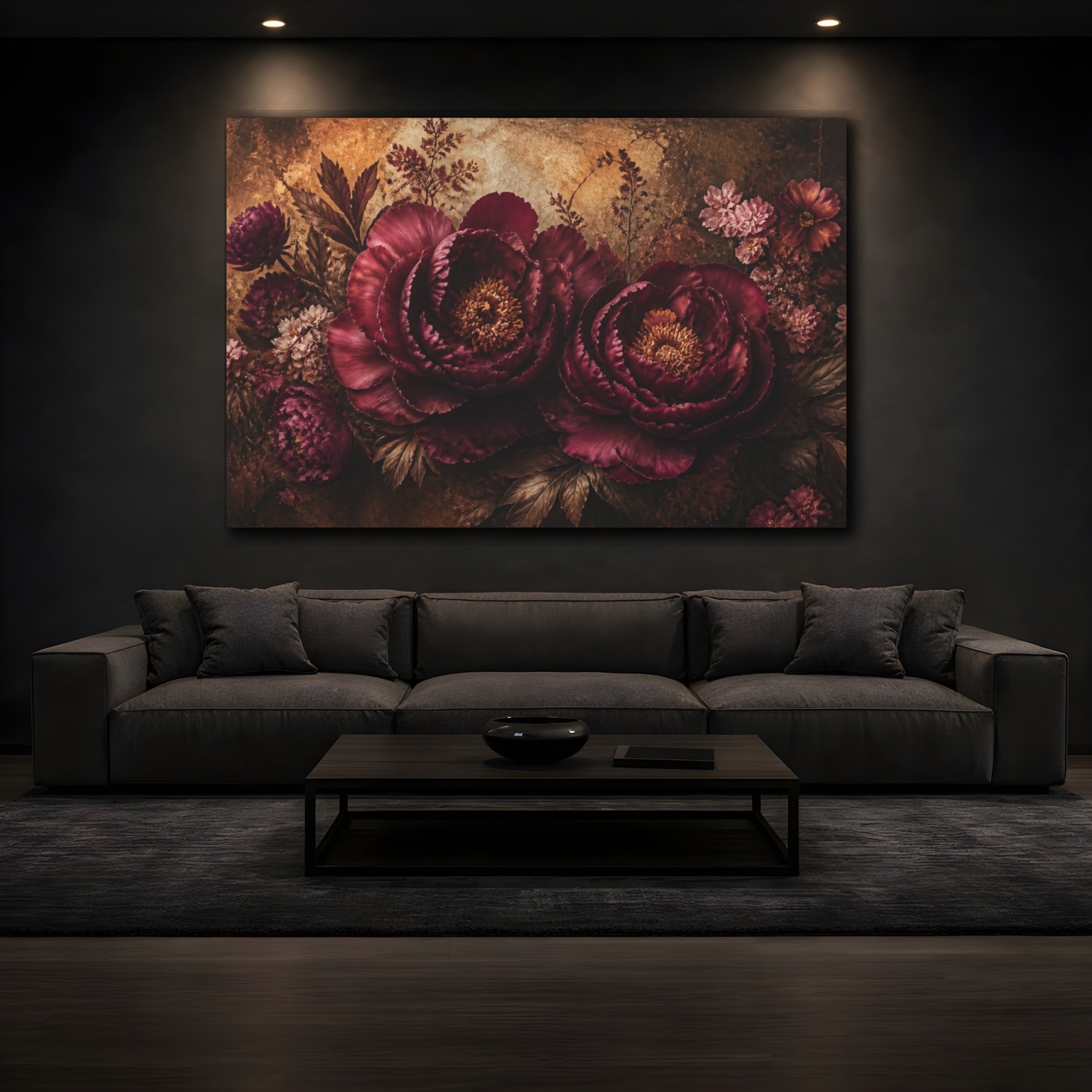 Mockup 3. Burgundy Floral Peonies shown as canvas print