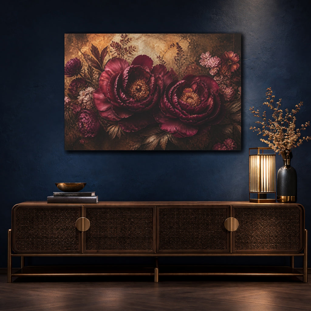 Mockup 4. Burgundy Floral Peonies shown as canvas print