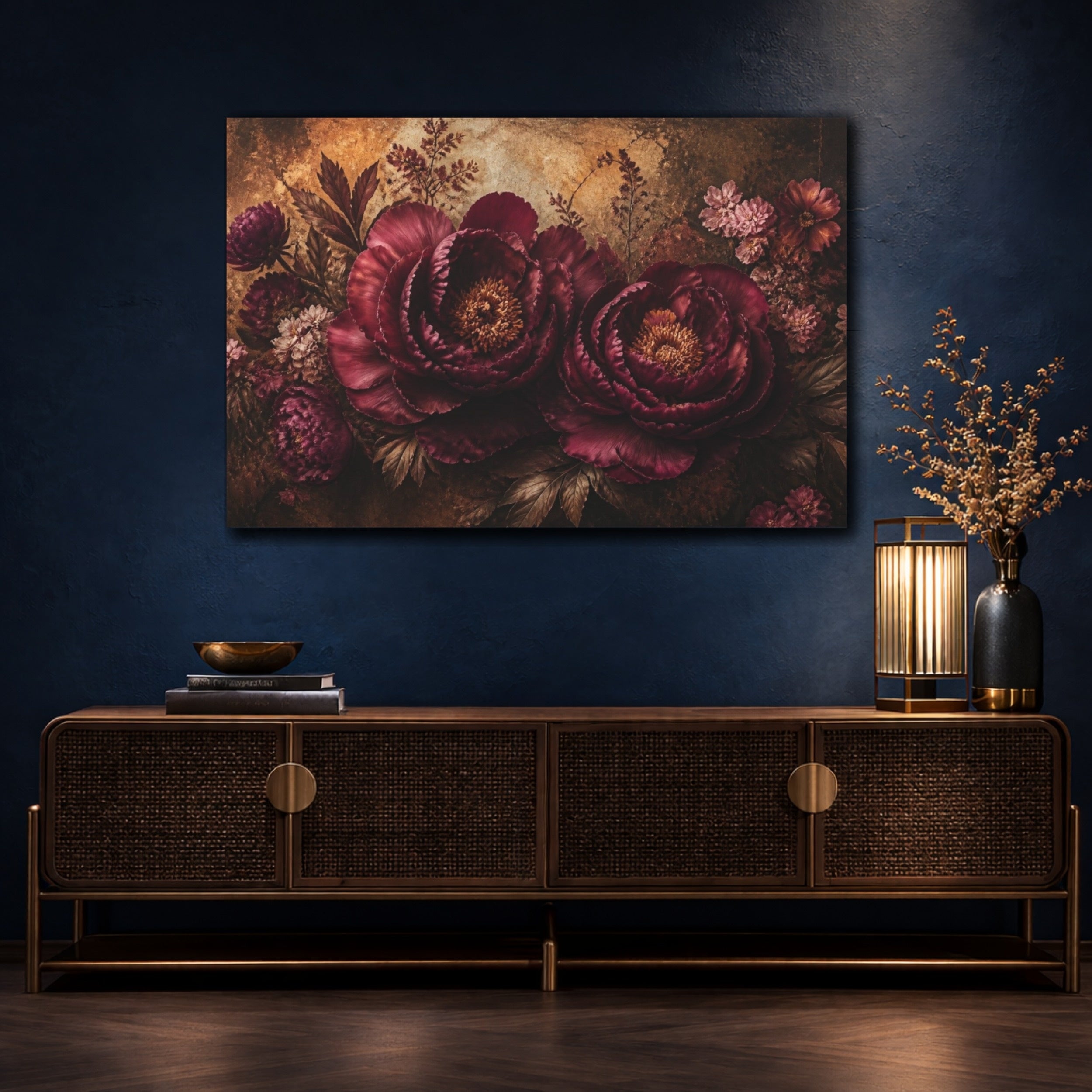 Mockup 4. Burgundy Floral Peonies shown as canvas print