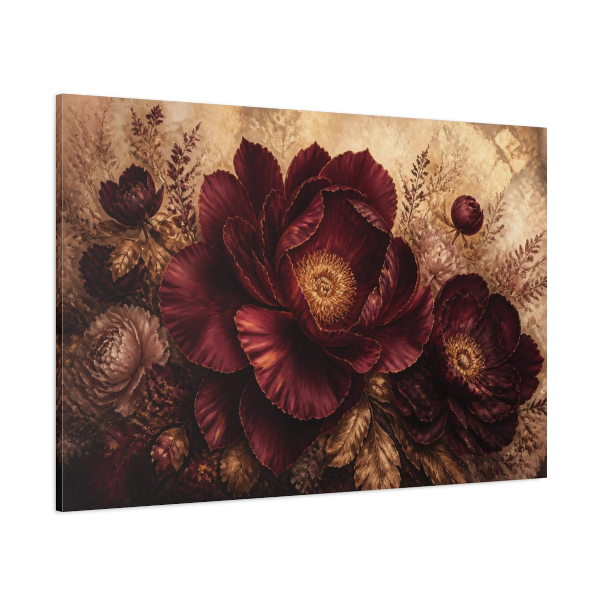 Side Mockup 1. Burgundy Floral Peony shown as canvas print