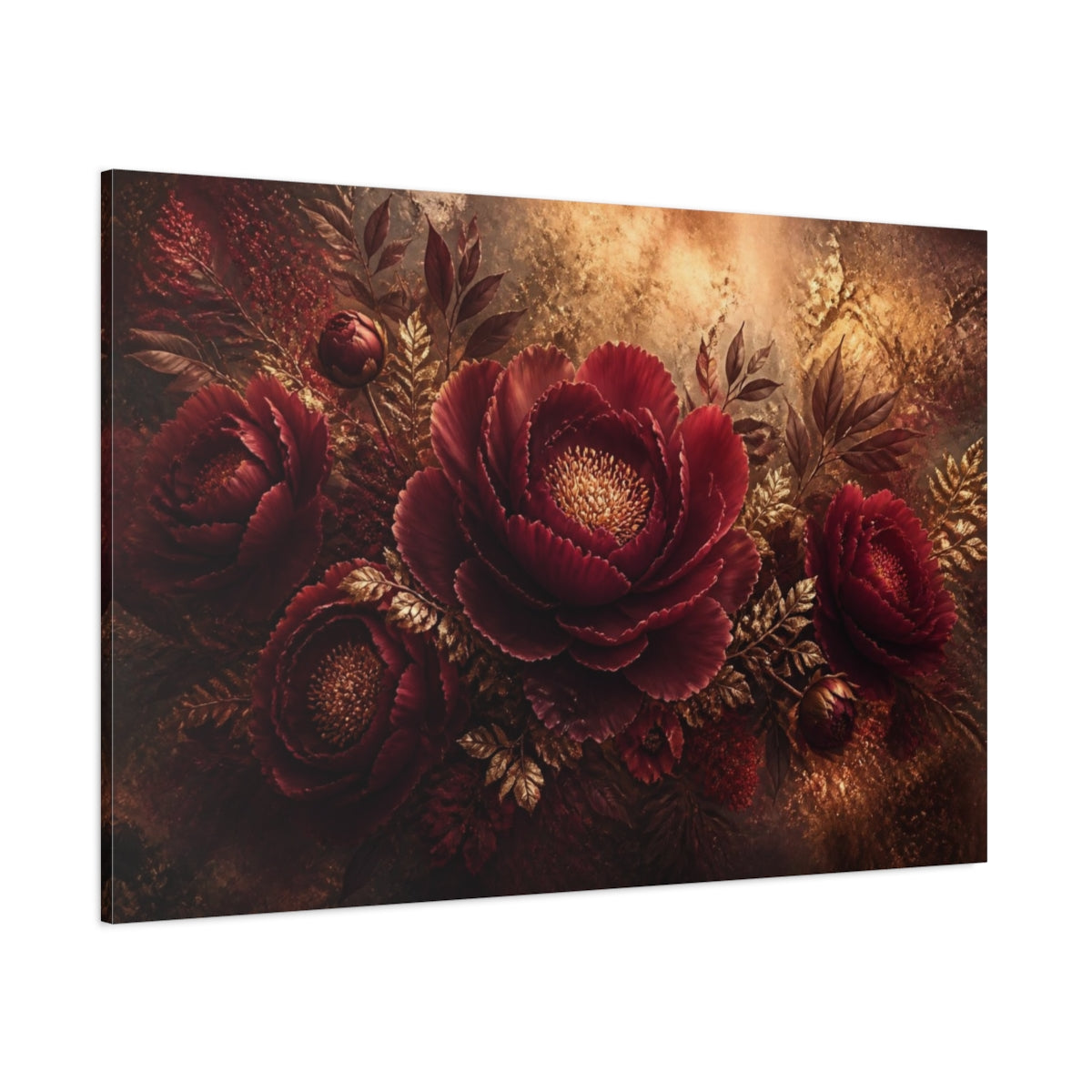 Side Mockup 1. Burgundy Peony Floral Elegance shown as canvas print
