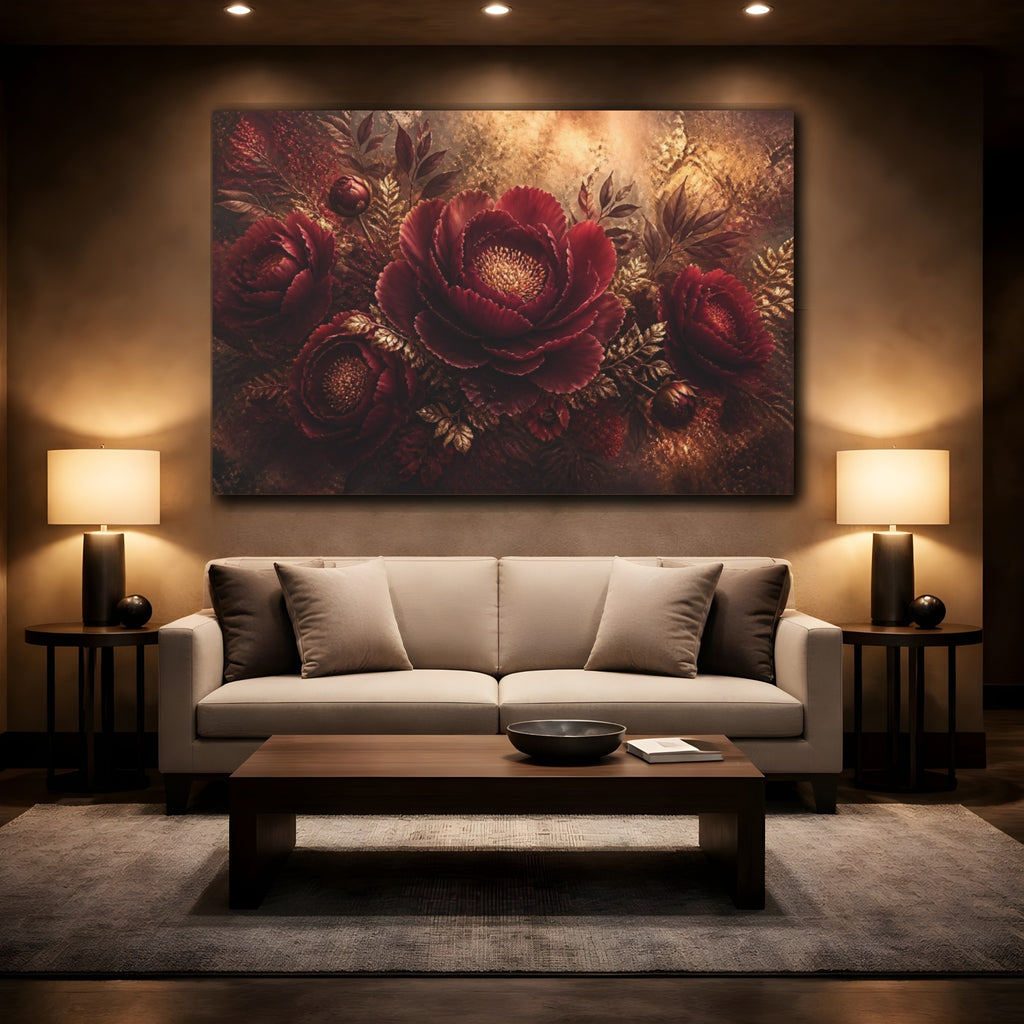 Mockup 2. Burgundy Peony Floral Elegance shown as canvas print
