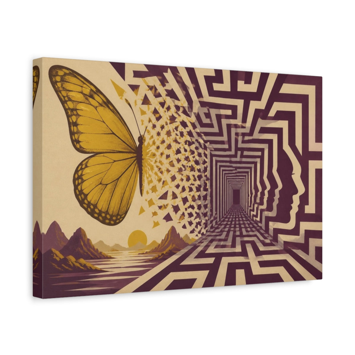 Side Mockup 4. Butterfly Illusion Labyrinth shown as canvas print
