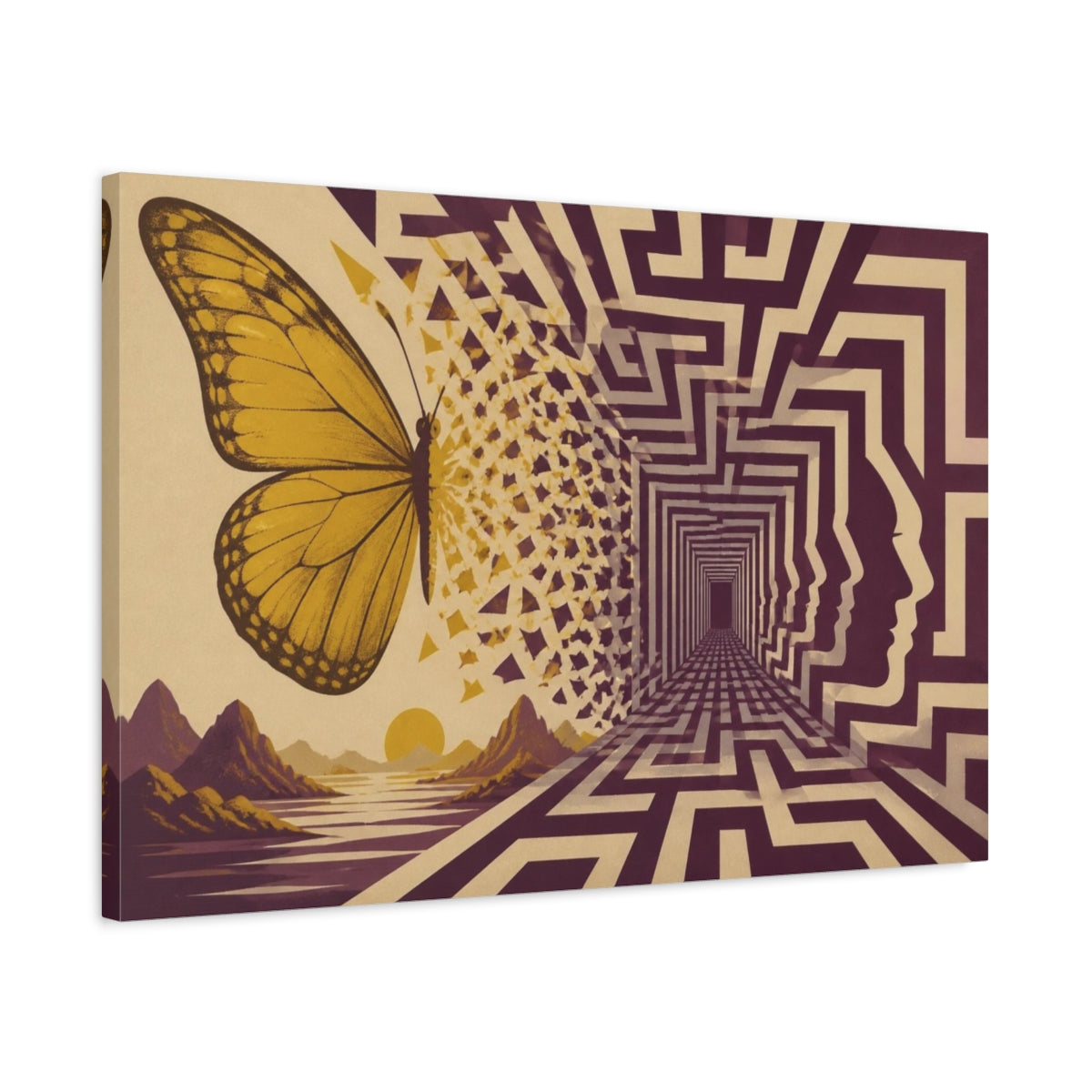 Side Mockup 2. Butterfly Illusion Labyrinth shown as canvas print