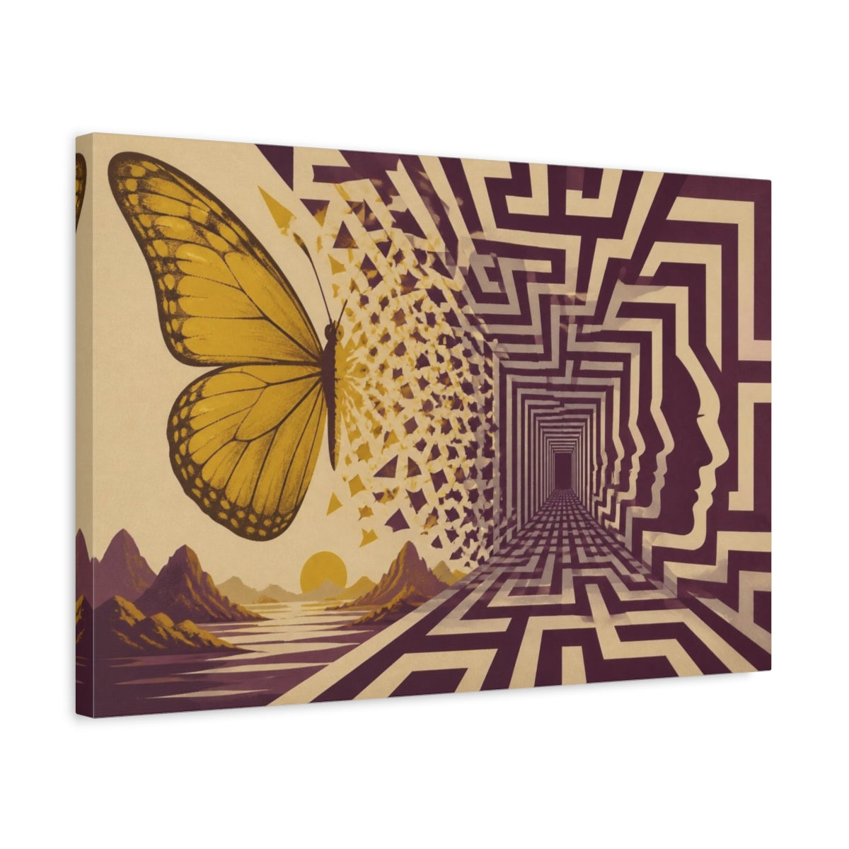 Side Mockup 3. Butterfly Illusion Labyrinth shown as canvas print