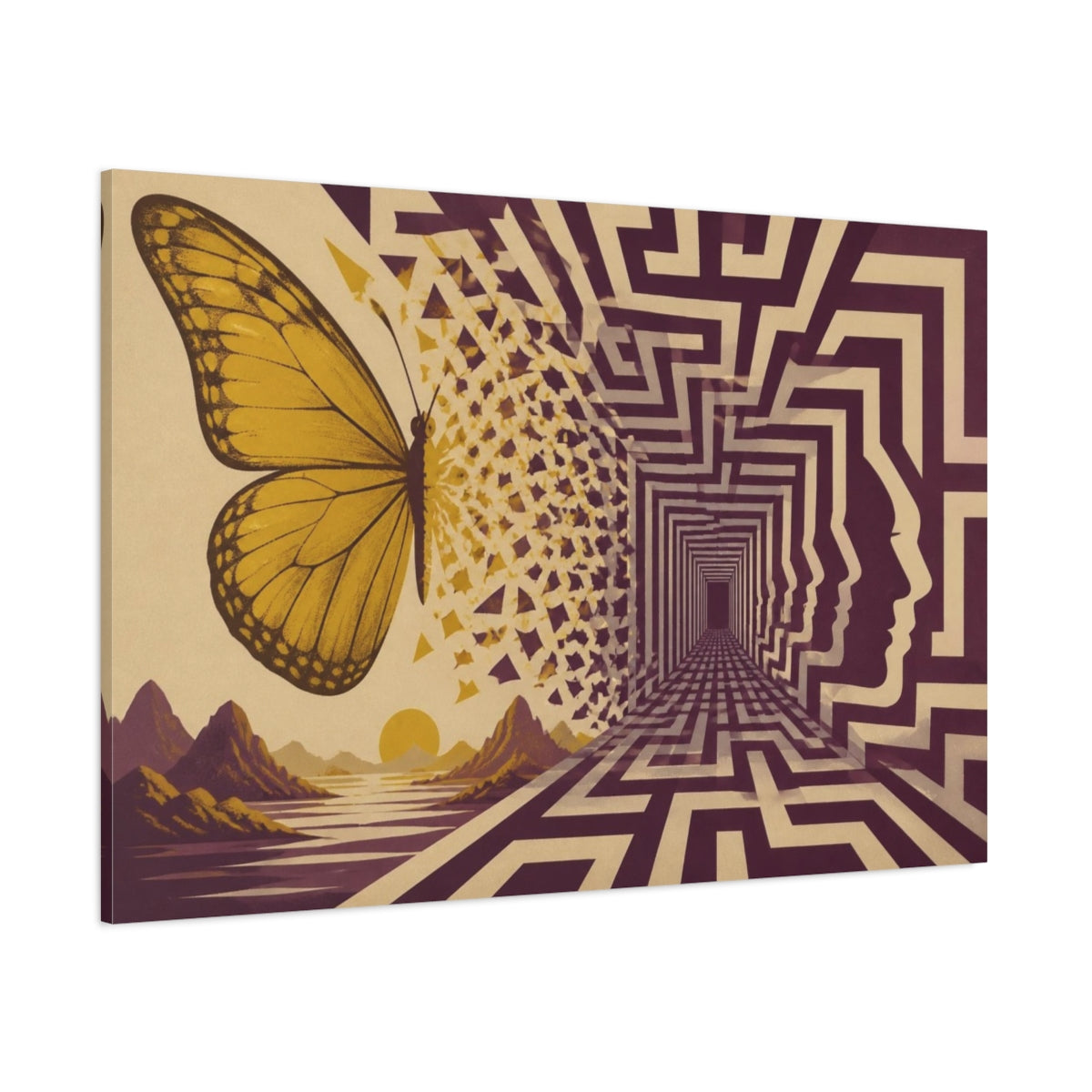 Side Mockup 1. Butterfly Illusion Labyrinth shown as canvas print