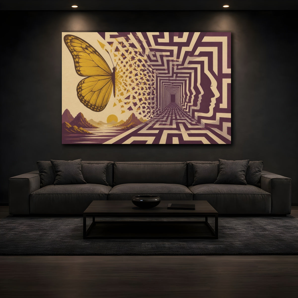 Mockup 3. Butterfly Illusion Labyrinth shown as canvas print