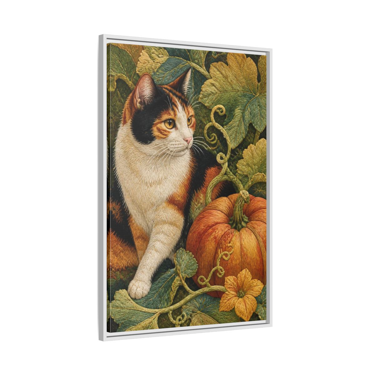 Side Mockup 9. Calico Cat Pet Portrait shown as framed canvas print