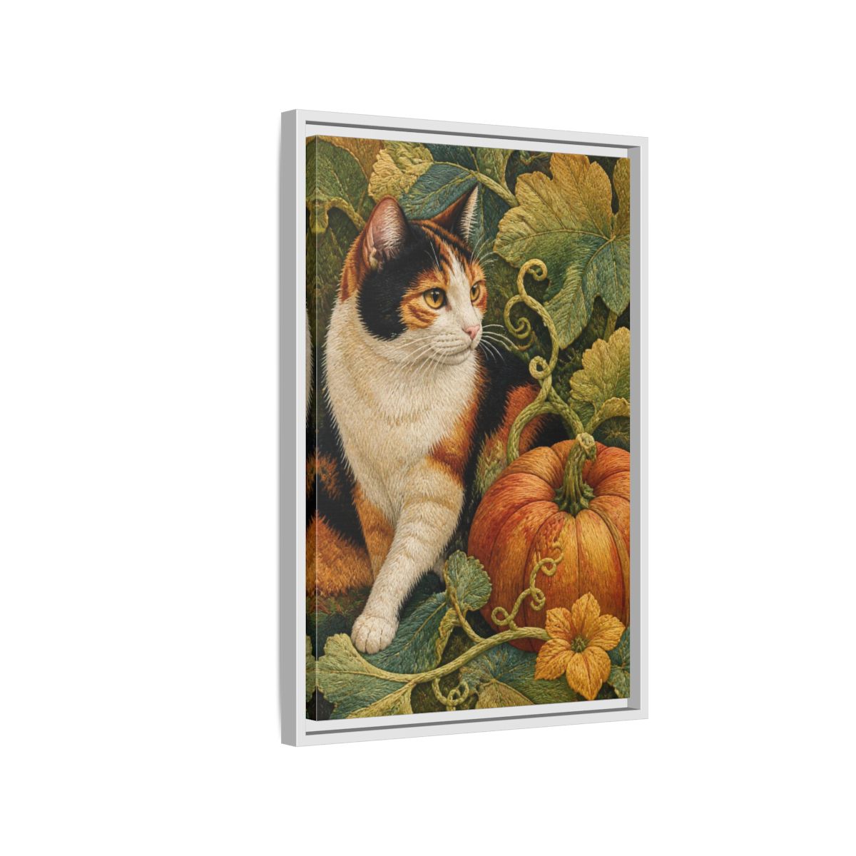 Side Mockup 1. Calico Cat Pet Portrait shown as framed canvas print