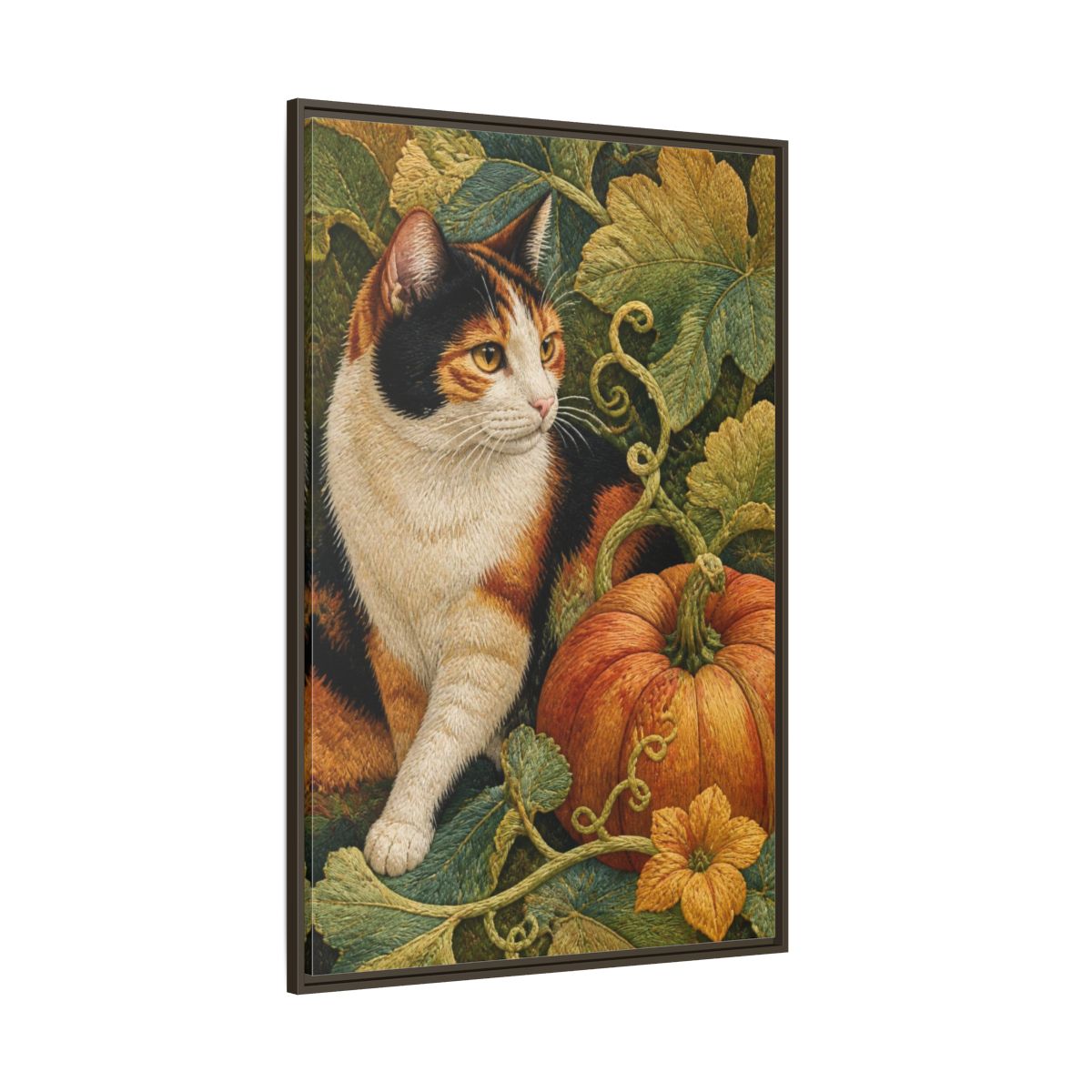 Side Mockup 8. Calico Cat Pet Portrait shown as framed canvas print