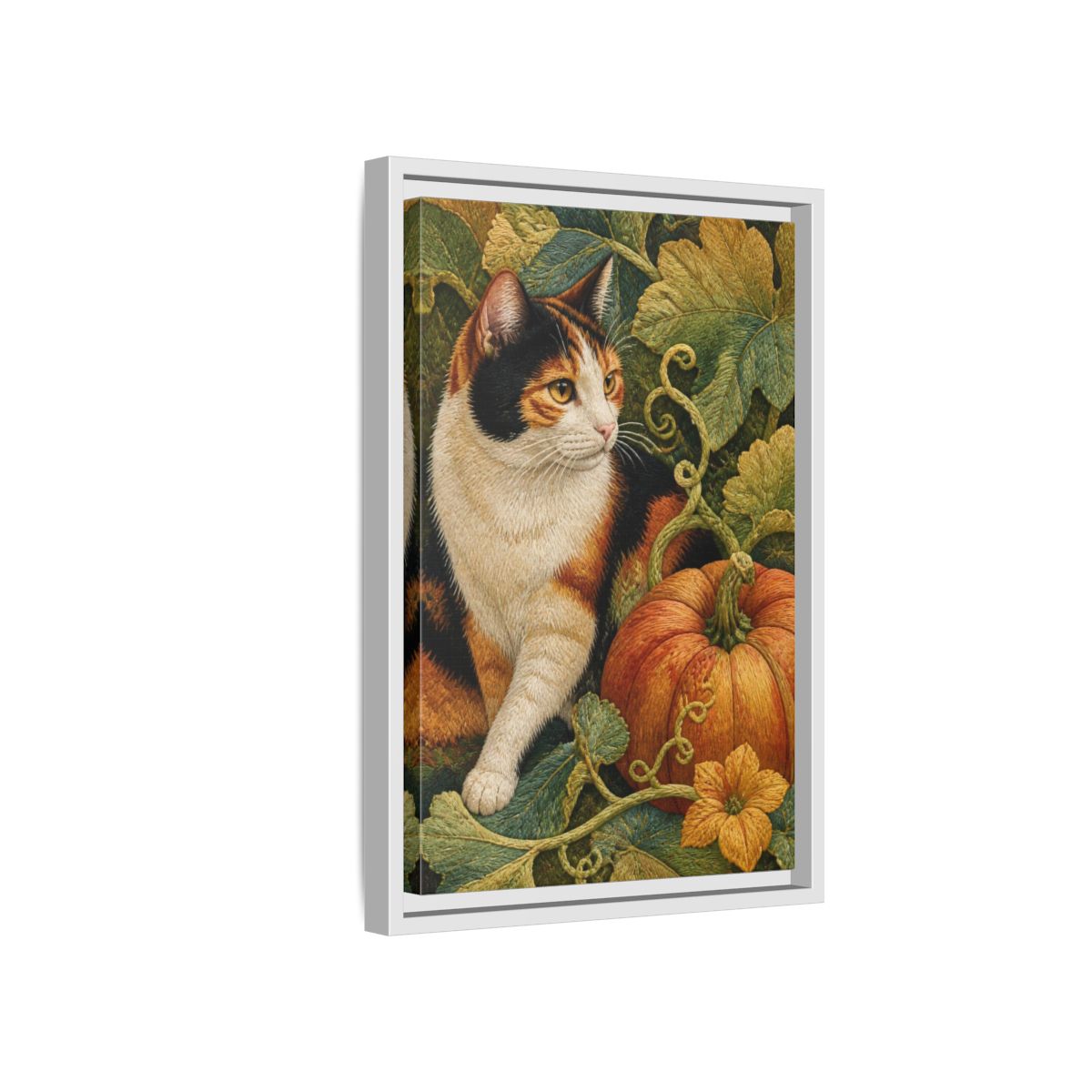 Side Mockup 4. Calico Cat Pet Portrait shown as framed canvas print