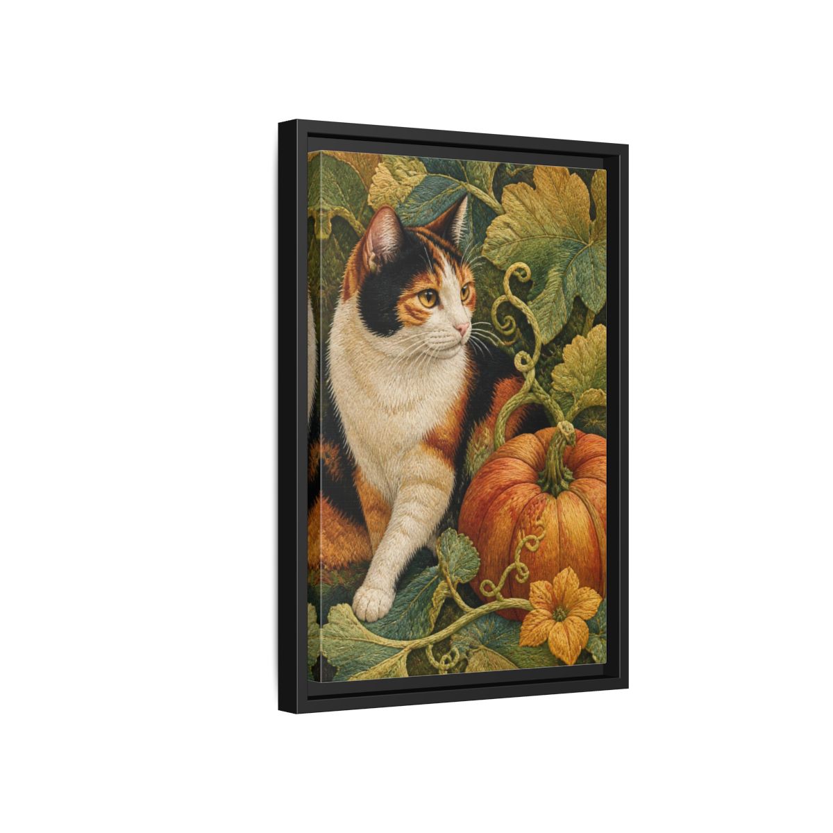 Side Mockup 6. Calico Cat Pet Portrait shown as framed canvas print