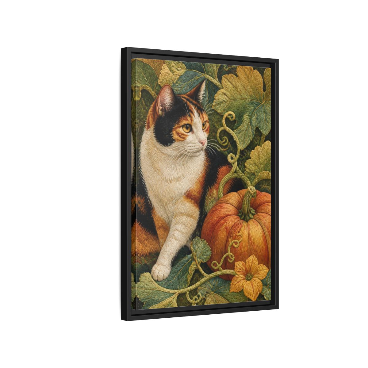 Side Mockup 3. Calico Cat Pet Portrait shown as framed canvas print
