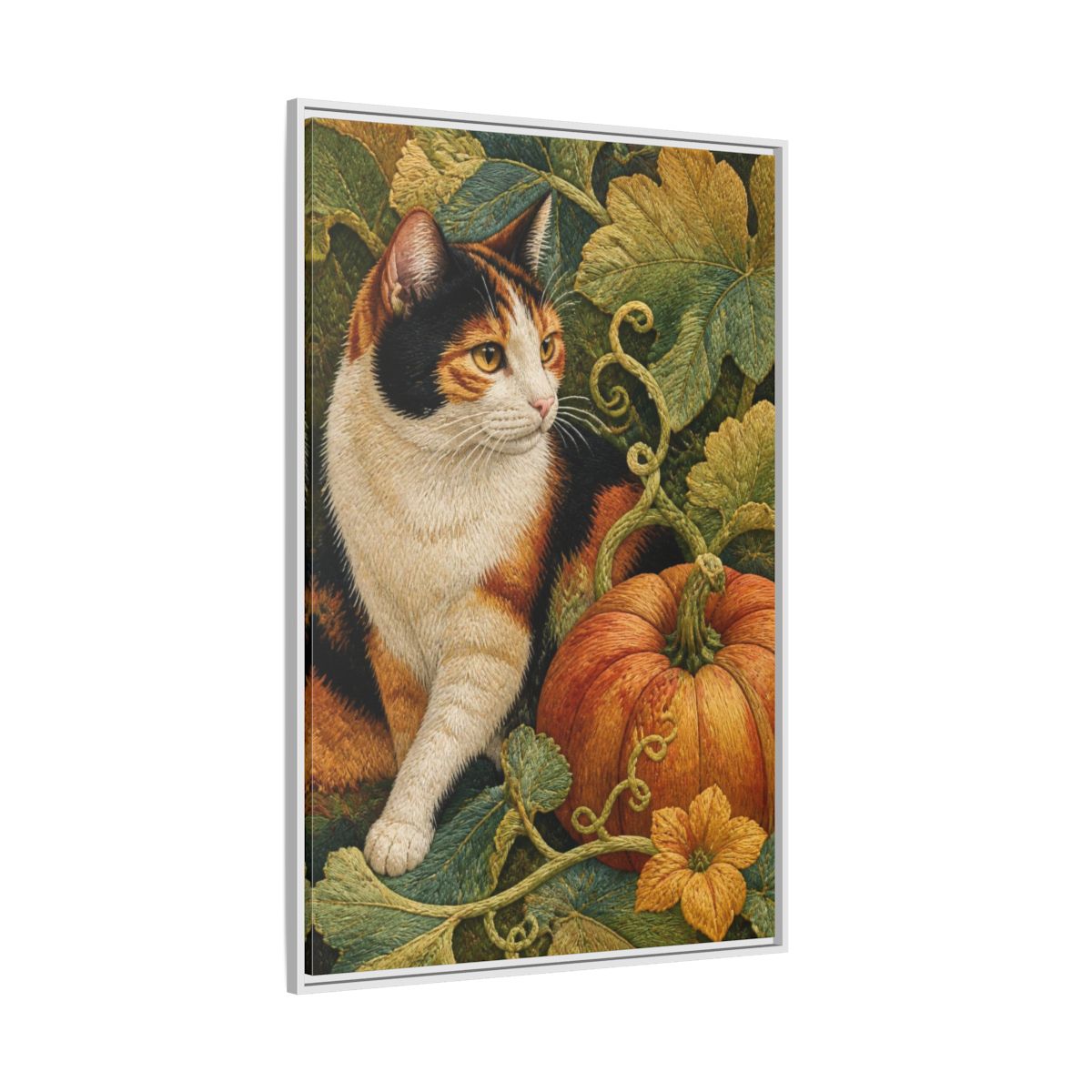 Side Mockup 7. Calico Cat Pet Portrait shown as framed canvas print