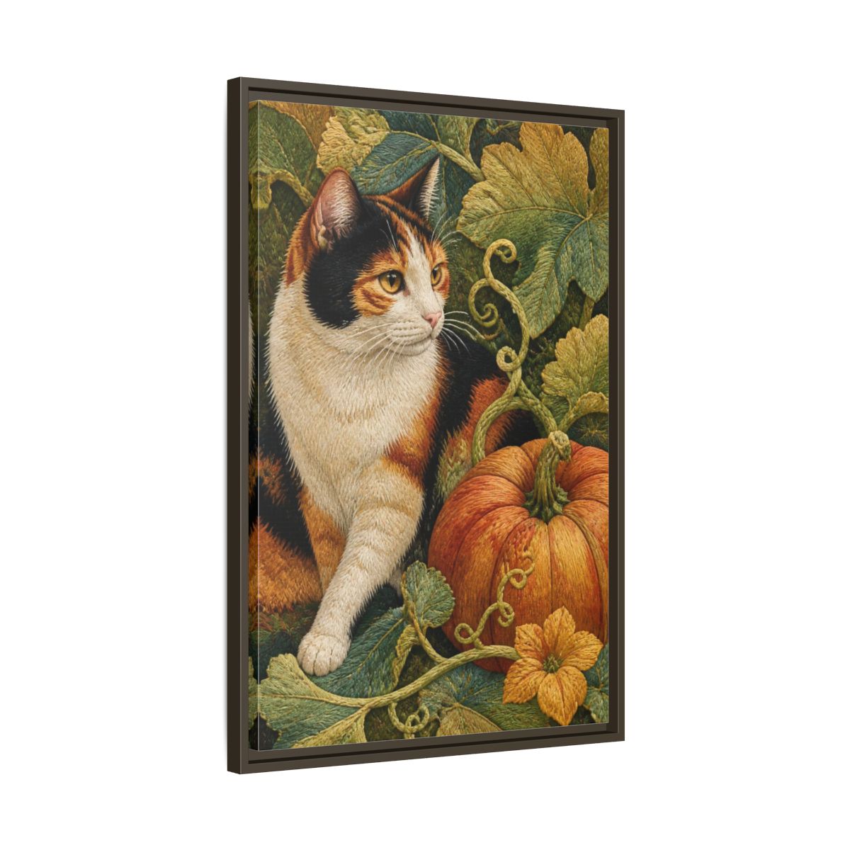 Side Mockup 11. Calico Cat Pet Portrait shown as framed canvas print