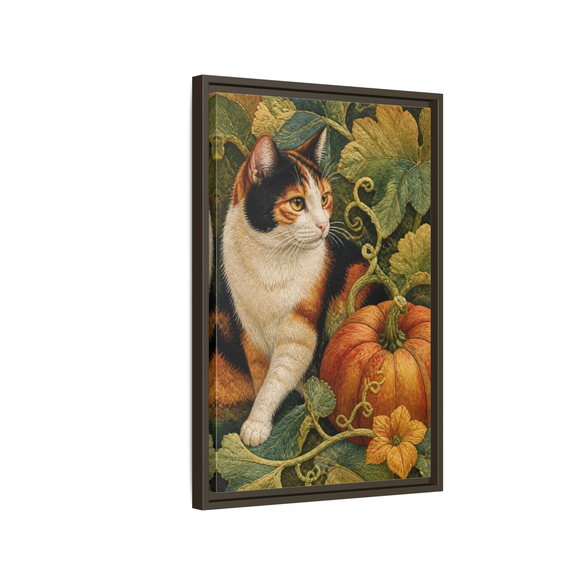 Side Mockup 2. Calico Cat Pet Portrait shown as framed canvas print
