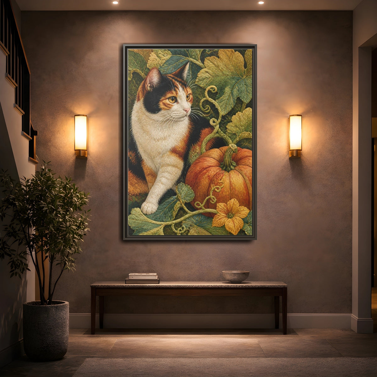 Mockup 2. Calico Cat Pet Portrait shown as framed canvas print