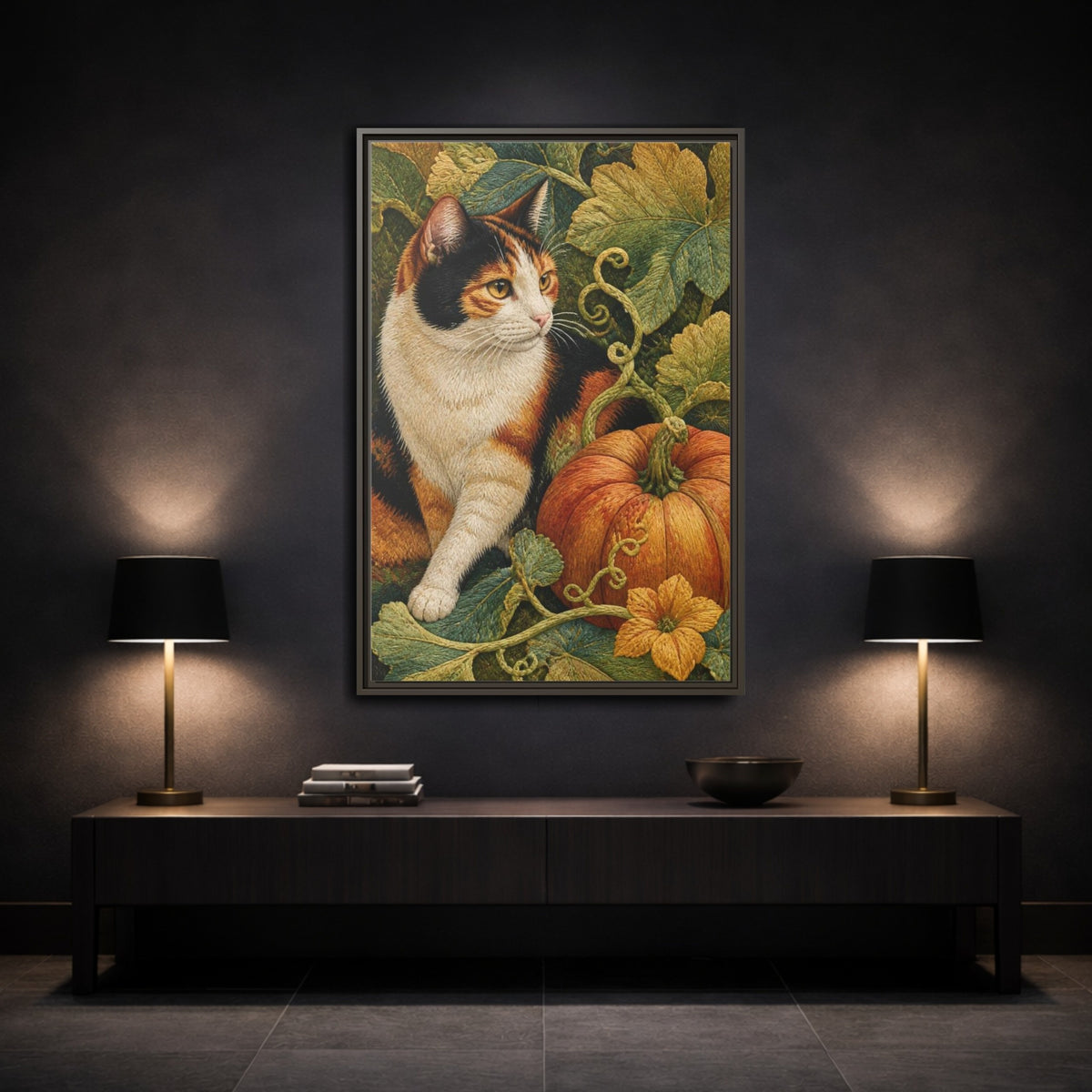 Mockup 3. Calico Cat Pet Portrait shown as framed canvas print