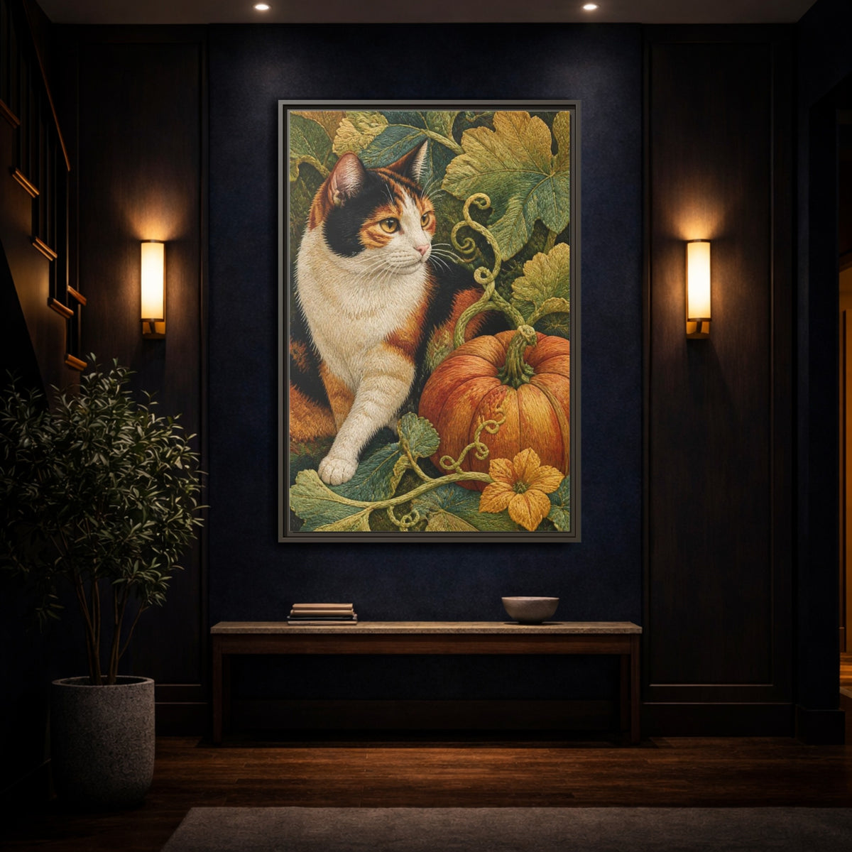 Mockup 4. Calico Cat Pet Portrait shown as framed canvas print