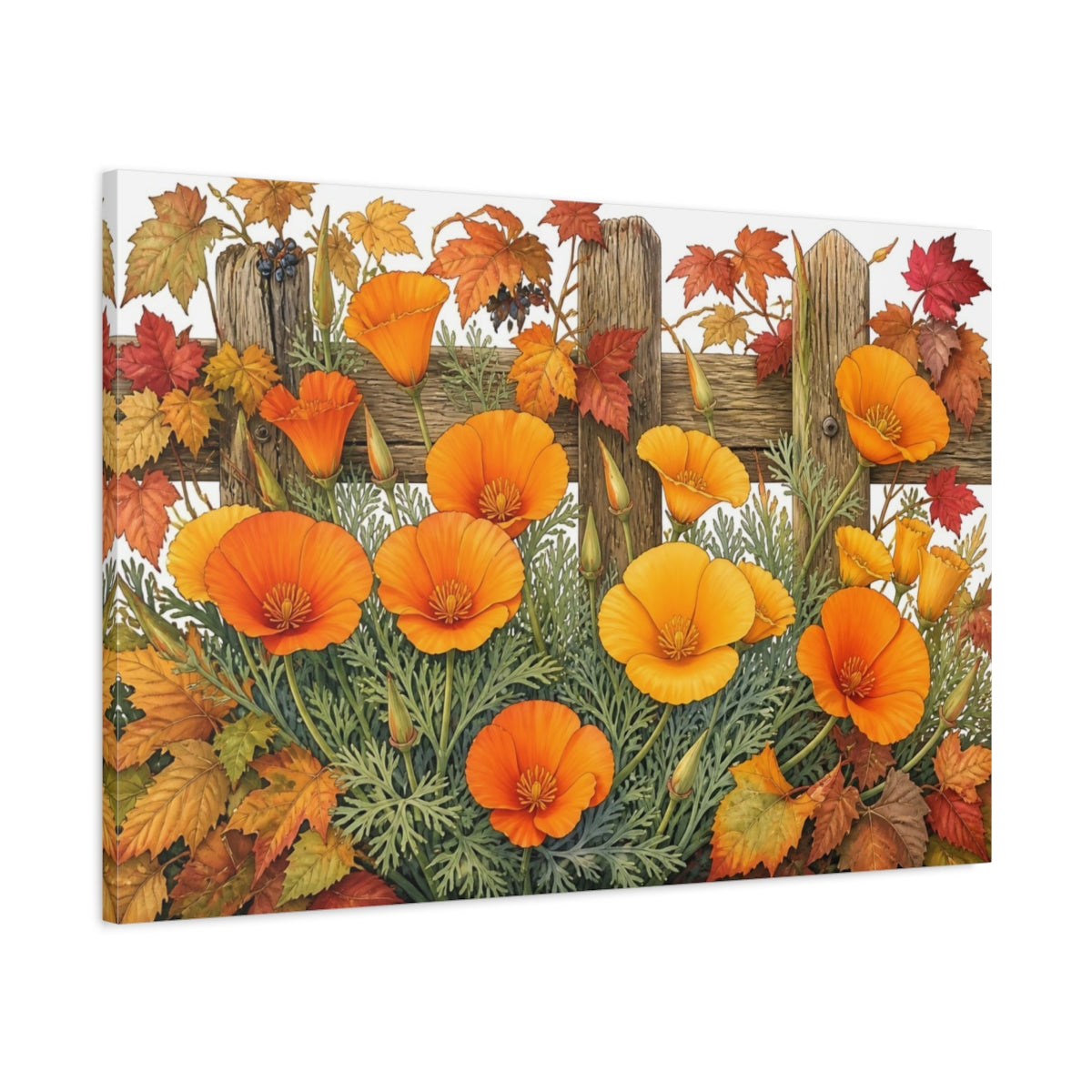 Main Mockup. California Poppies & Autumn Leaves shown as canvas print