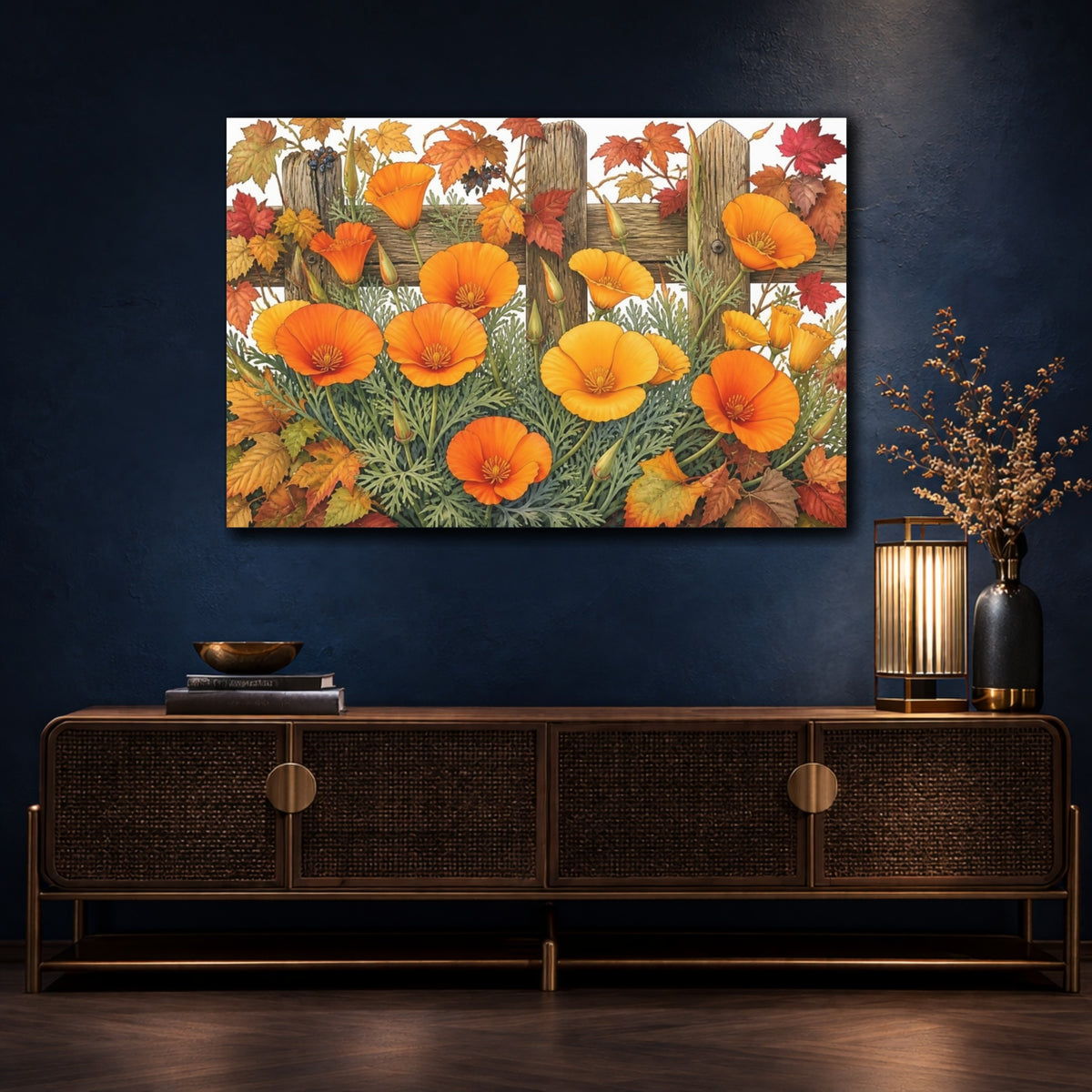 Mockup 4. California Poppies & Autumn Leaves shown as canvas print