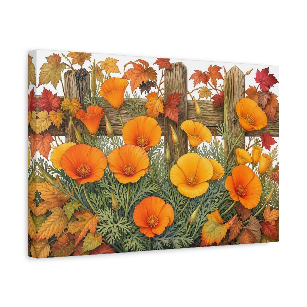 Side Mockup 4. California Poppies & Autumn Leaves shown as canvas print