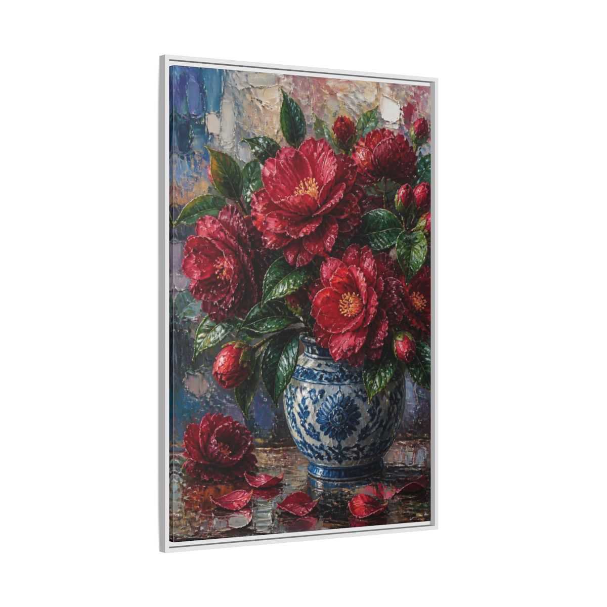 Side Mockup 7. Camellia Flowers In Blue Vase shown as framed canvas print