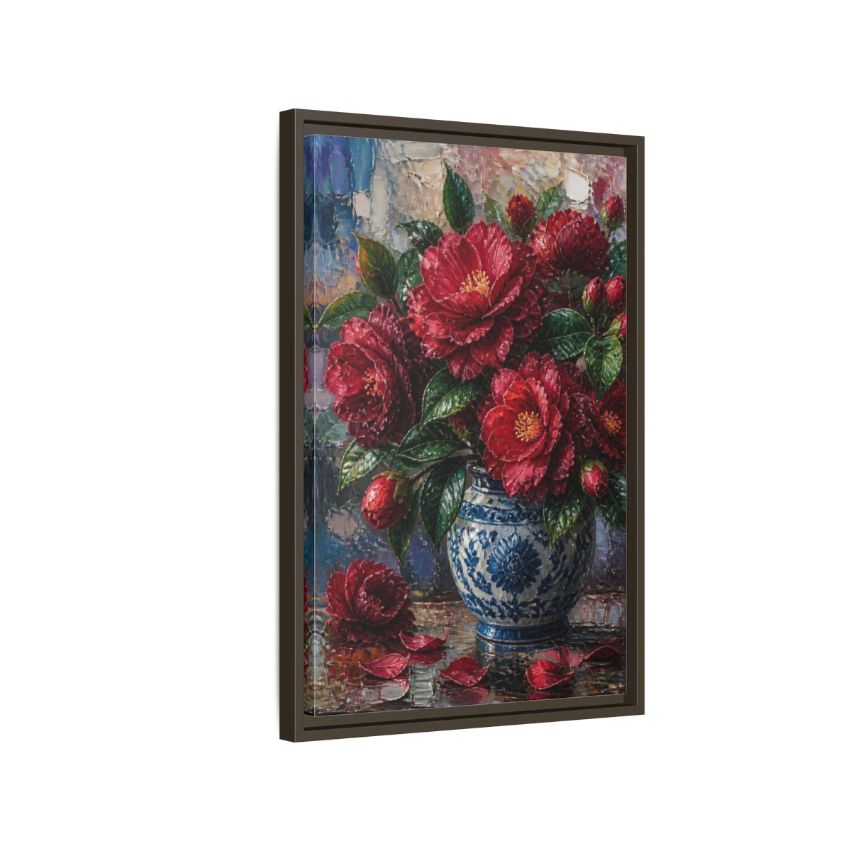 Side Mockup 2. Camellia Flowers In Blue Vase shown as framed canvas print
