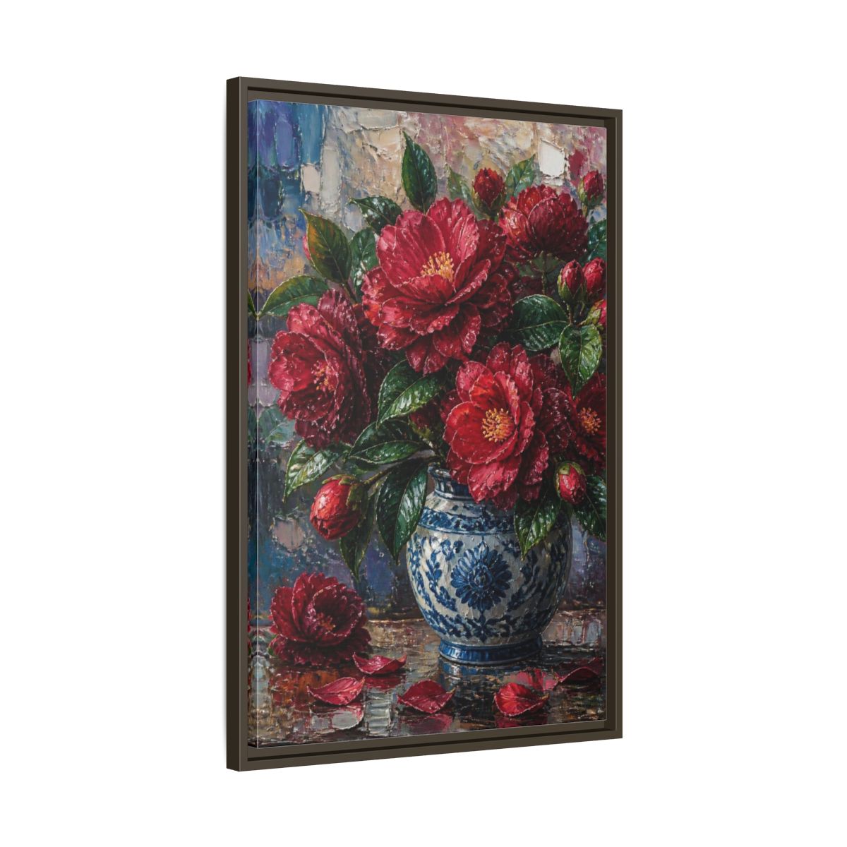Side Mockup 11. Camellia Flowers In Blue Vase shown as framed canvas print