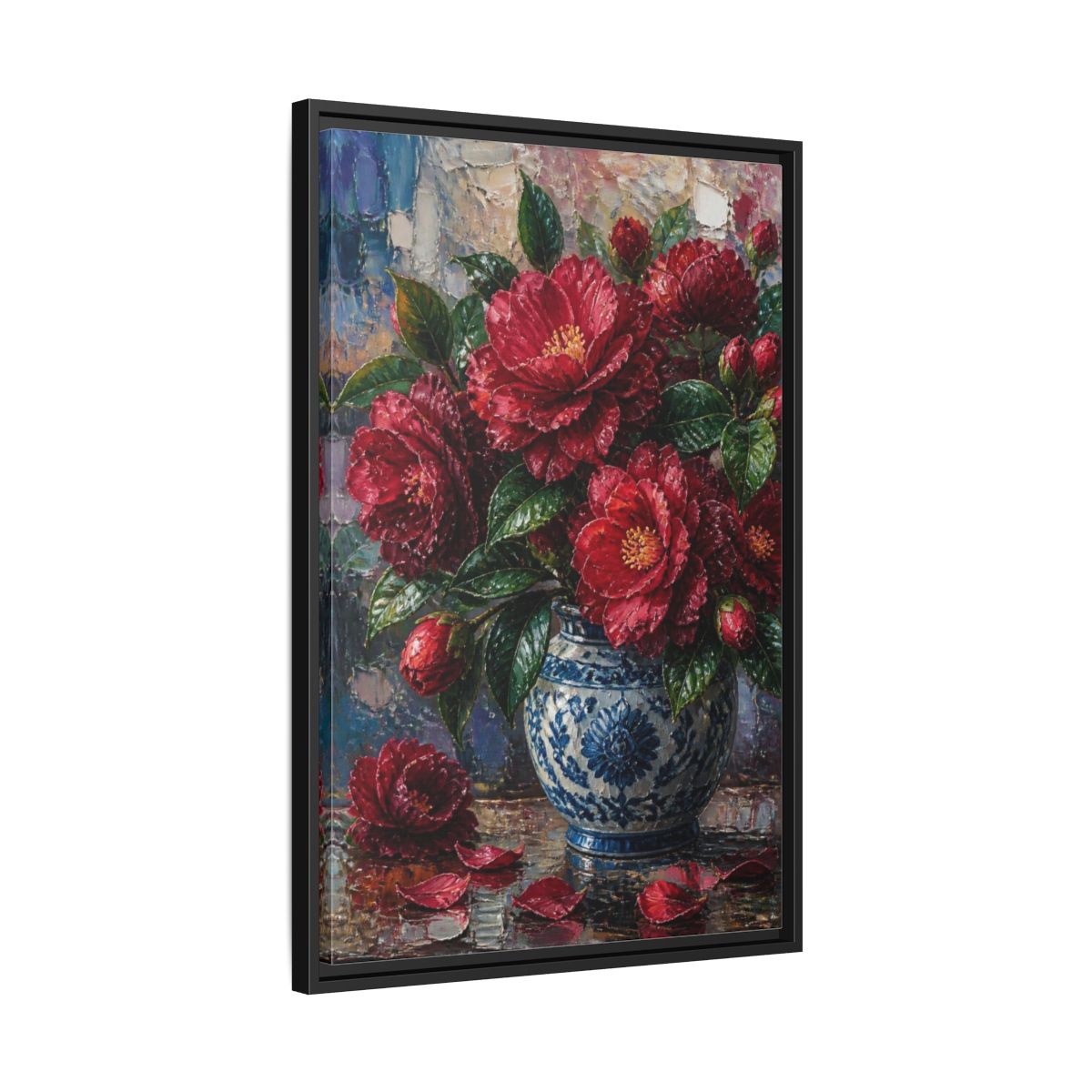 Side Mockup 14. Camellia Flowers In Blue Vase shown as framed canvas print