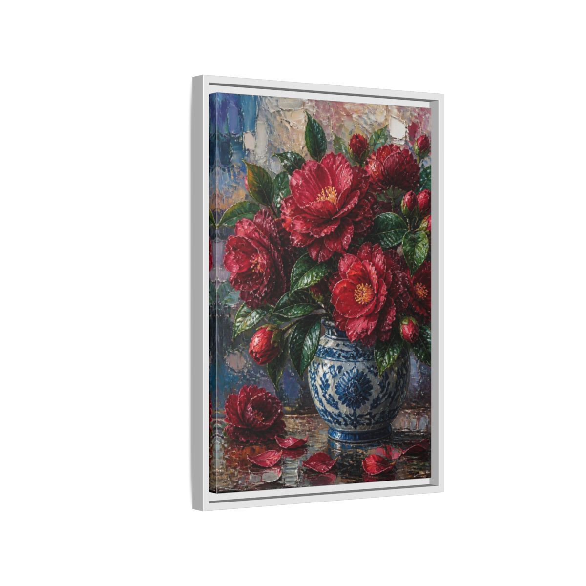 Side Mockup 1. Camellia Flowers In Blue Vase shown as framed canvas print