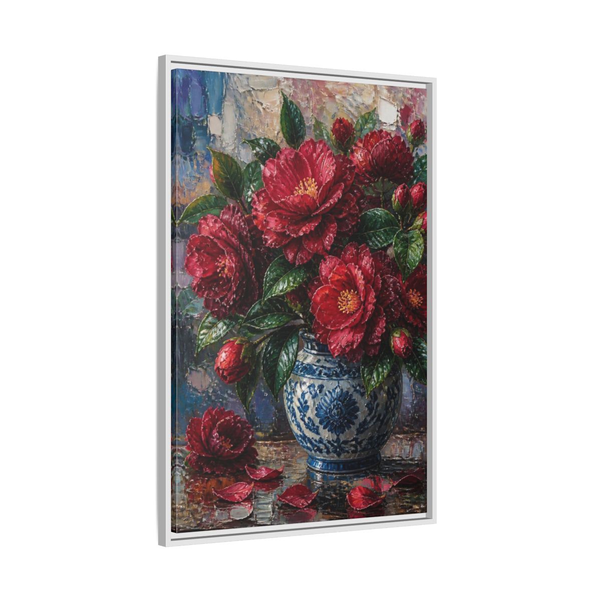 Side Mockup 9. Camellia Flowers In Blue Vase shown as framed canvas print