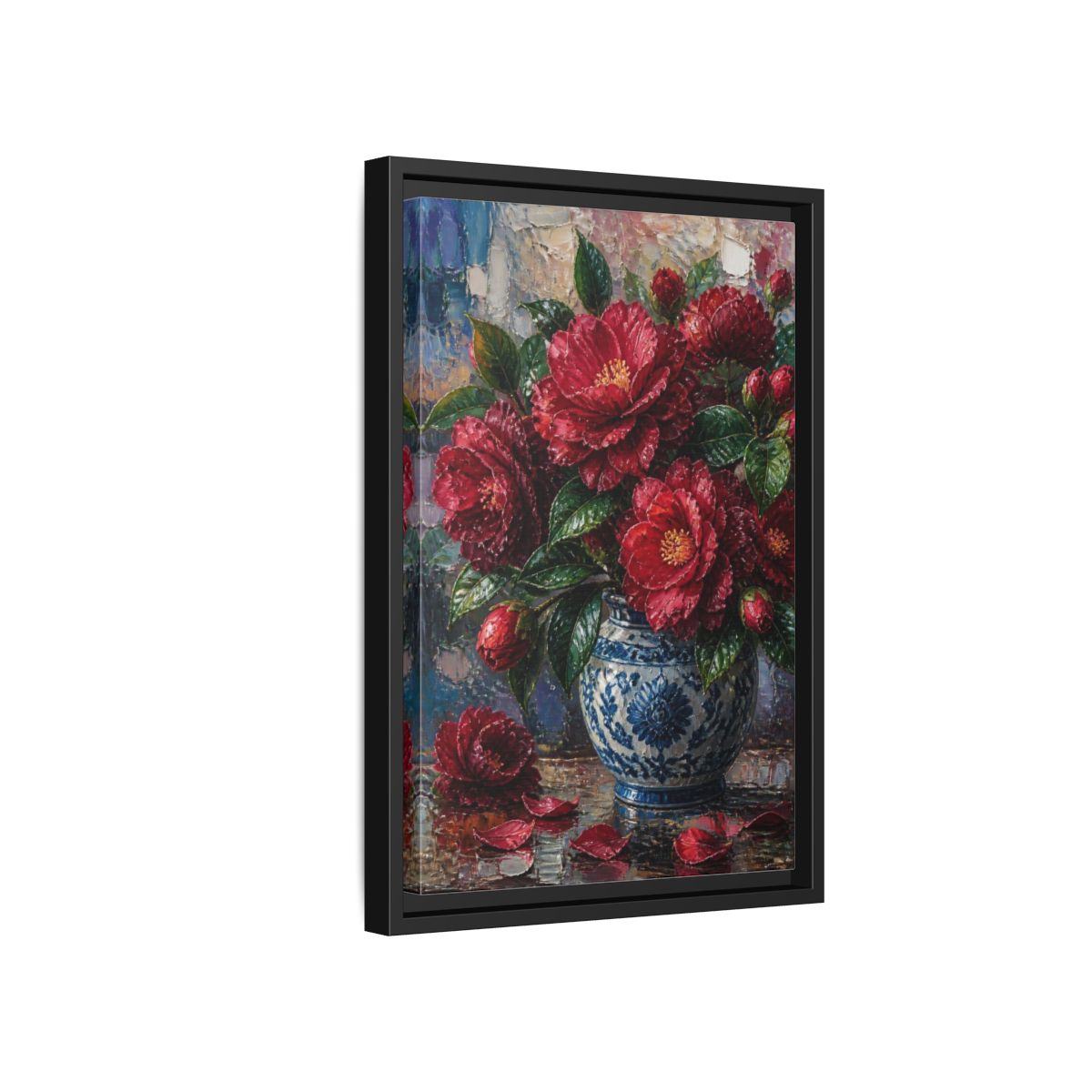 Side Mockup 6. Camellia Flowers In Blue Vase shown as framed canvas print