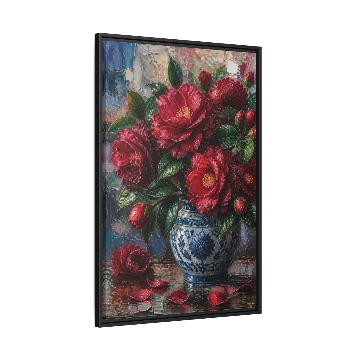 Side Mockup 13. Camellia Flowers In Blue Vase shown as framed canvas print