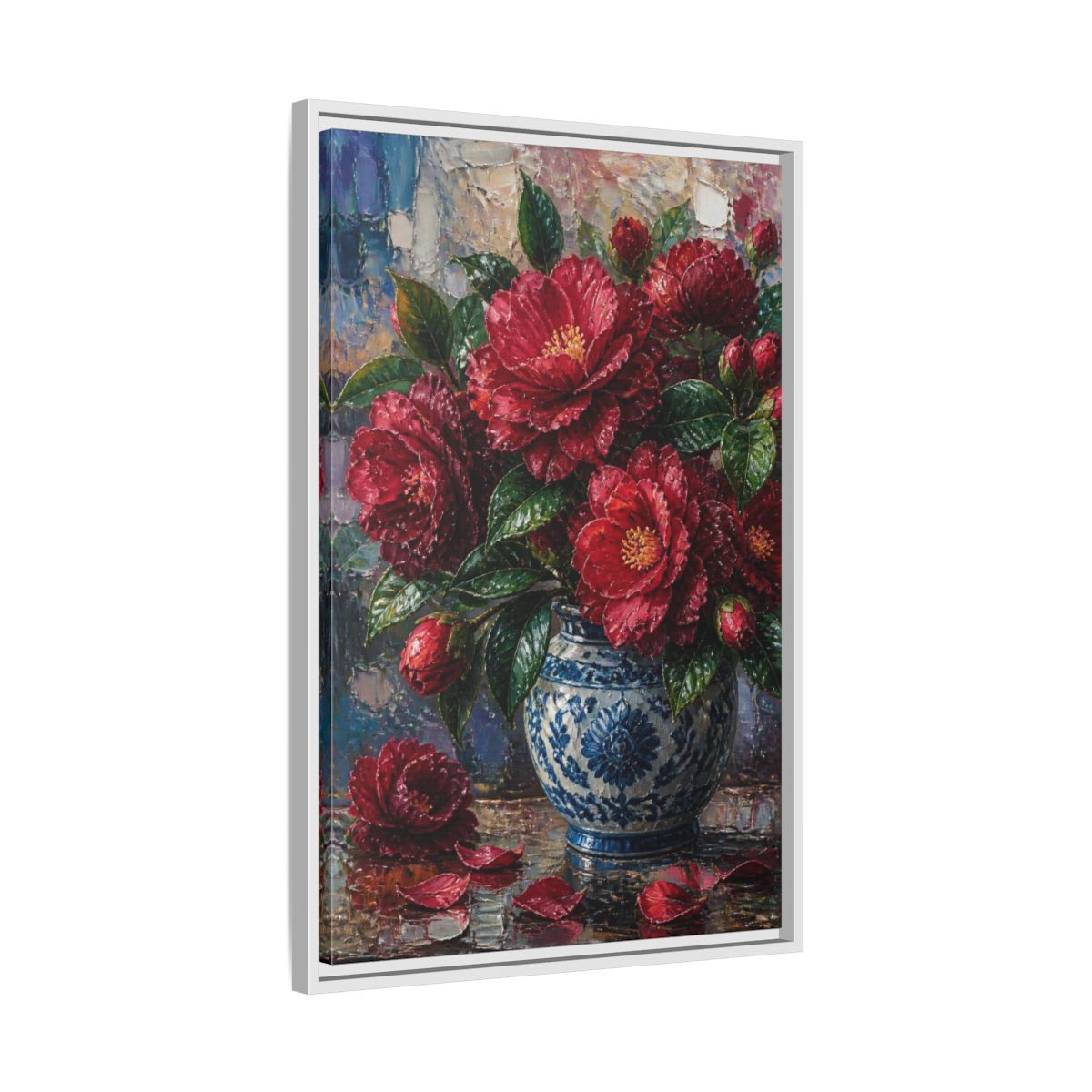 Side Mockup 10. Camellia Flowers In Blue Vase shown as framed canvas print