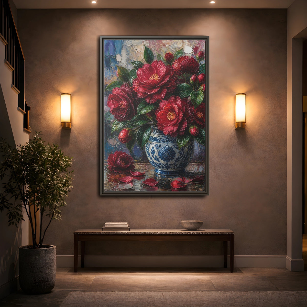 Mockup 2. Camellia Flowers In Blue Vase shown as framed canvas print