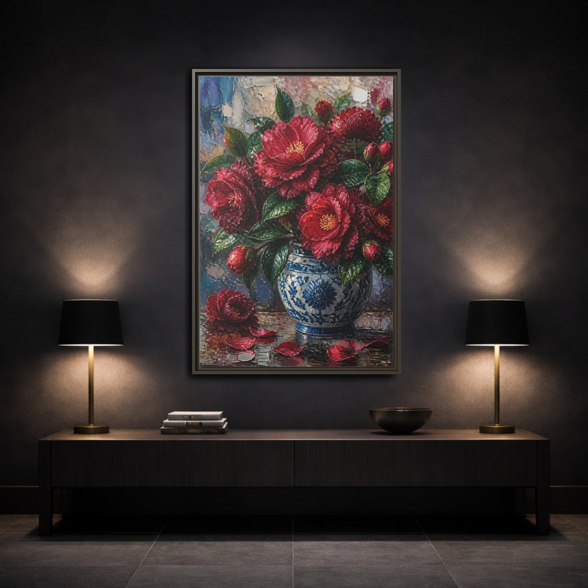 Mockup 3. Camellia Flowers In Blue Vase shown as framed canvas print