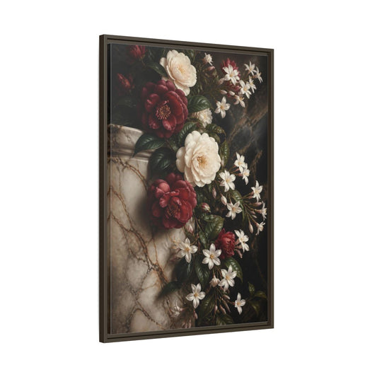 Main Mockup. Camellia Flowers On Marble shown as framed canvas print