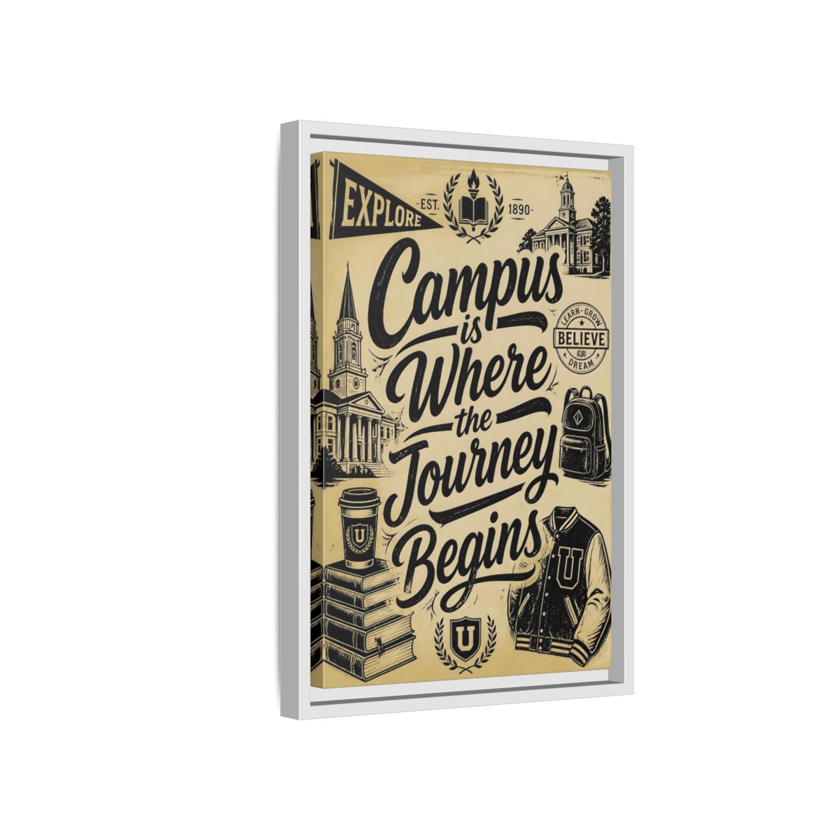 Side Mockup 4. Campus Journey Quote shown as framed canvas print
