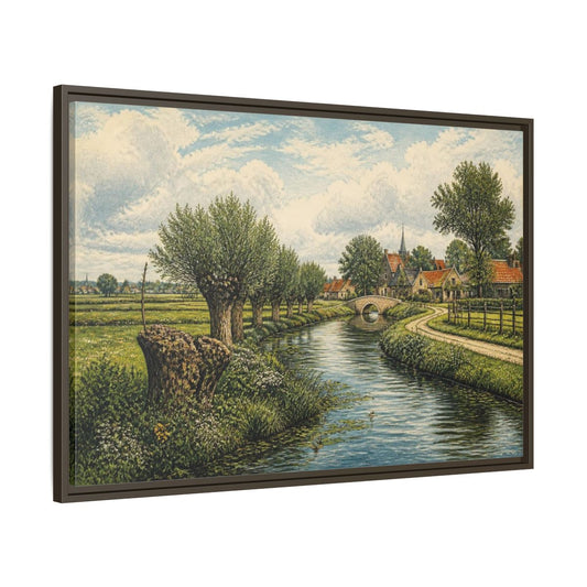 Main Mockup. Canal Landscape With Stone Bridge shown as framed canvas print