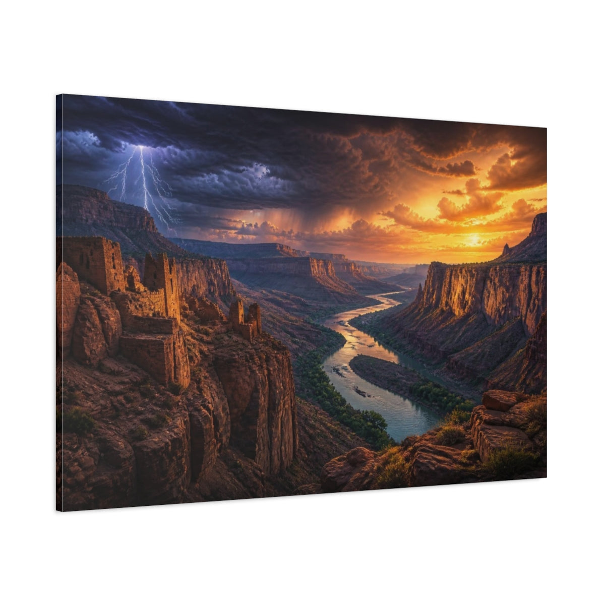 Side Mockup 1. Canyon River Landscape At Sunset shown as canvas print