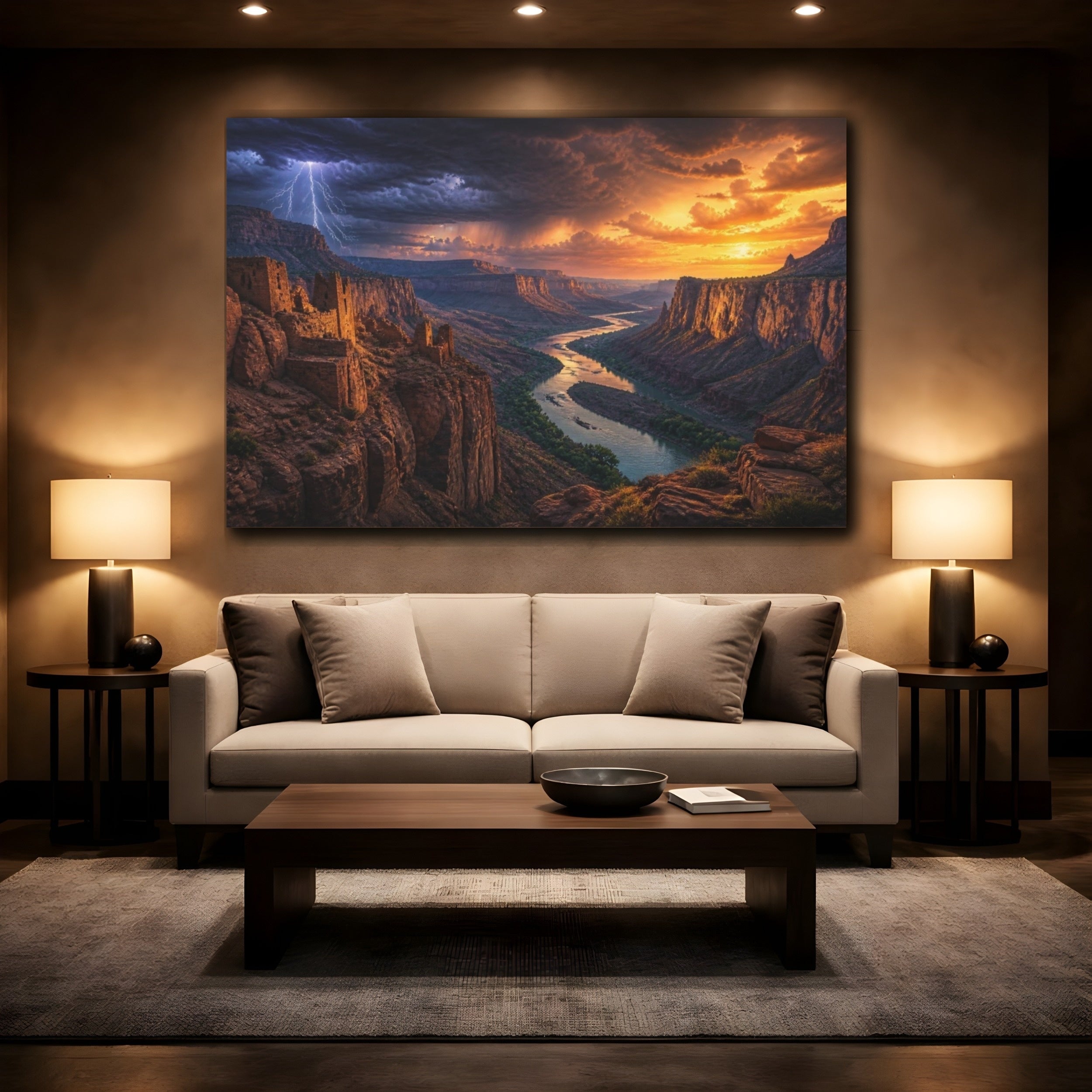 Mockup 2. Canyon River Landscape At Sunset shown as canvas print