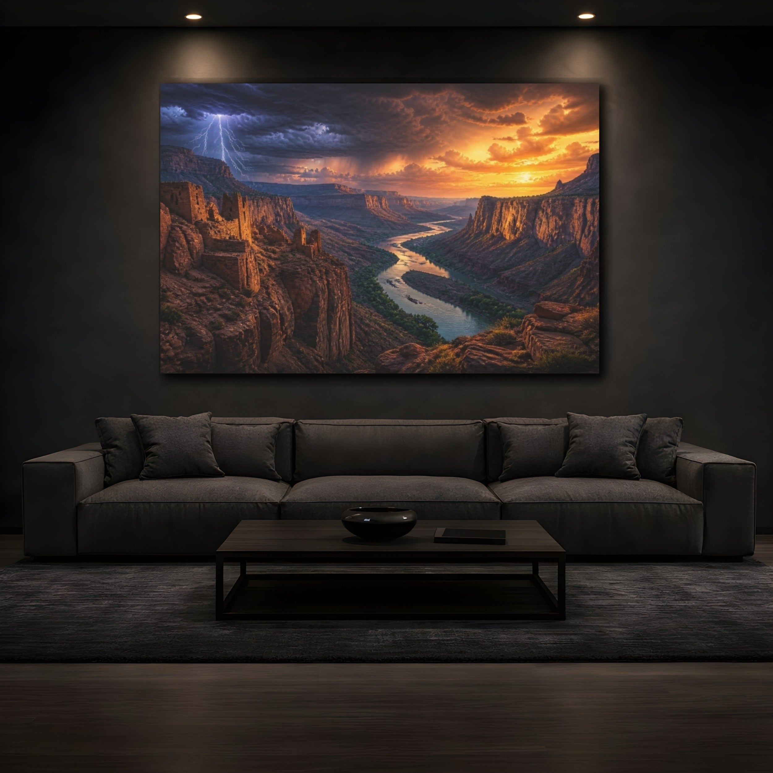 Mockup 3. Canyon River Landscape At Sunset shown as canvas print