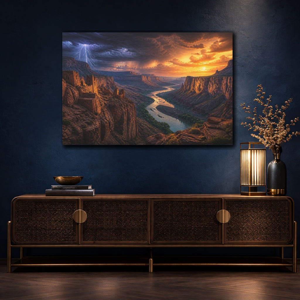 Mockup 4. Canyon River Landscape At Sunset shown as canvas print